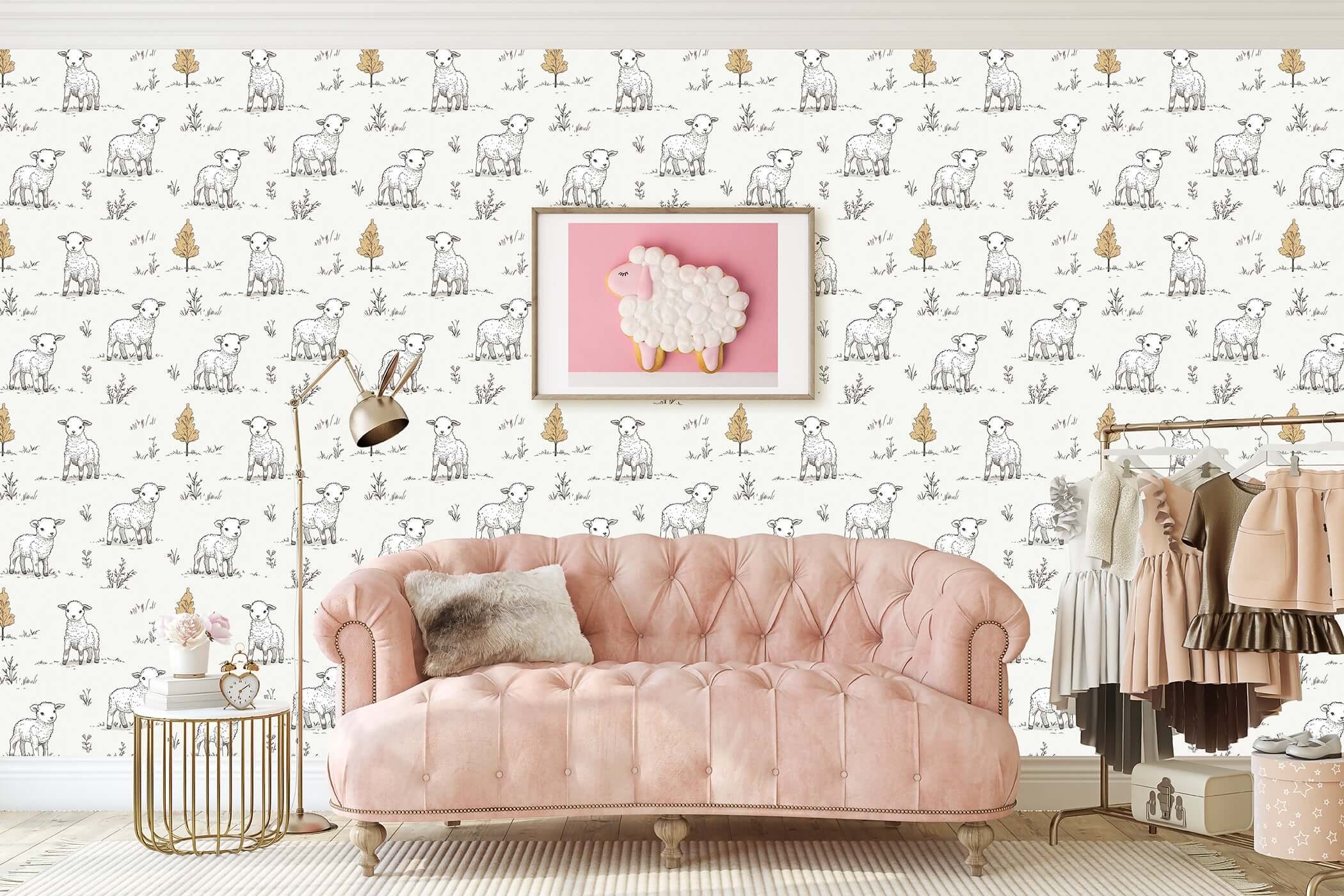 Pastoral "Little Lamb Pastures" wallpaper featuring hand-drawn lambs, perfect for baby nurseries or playrooms. Modern, cute design.