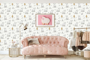 Pastoral "Little Lamb Pastures" wallpaper featuring hand-drawn lambs, perfect for baby nurseries or playrooms. Modern, cute design.