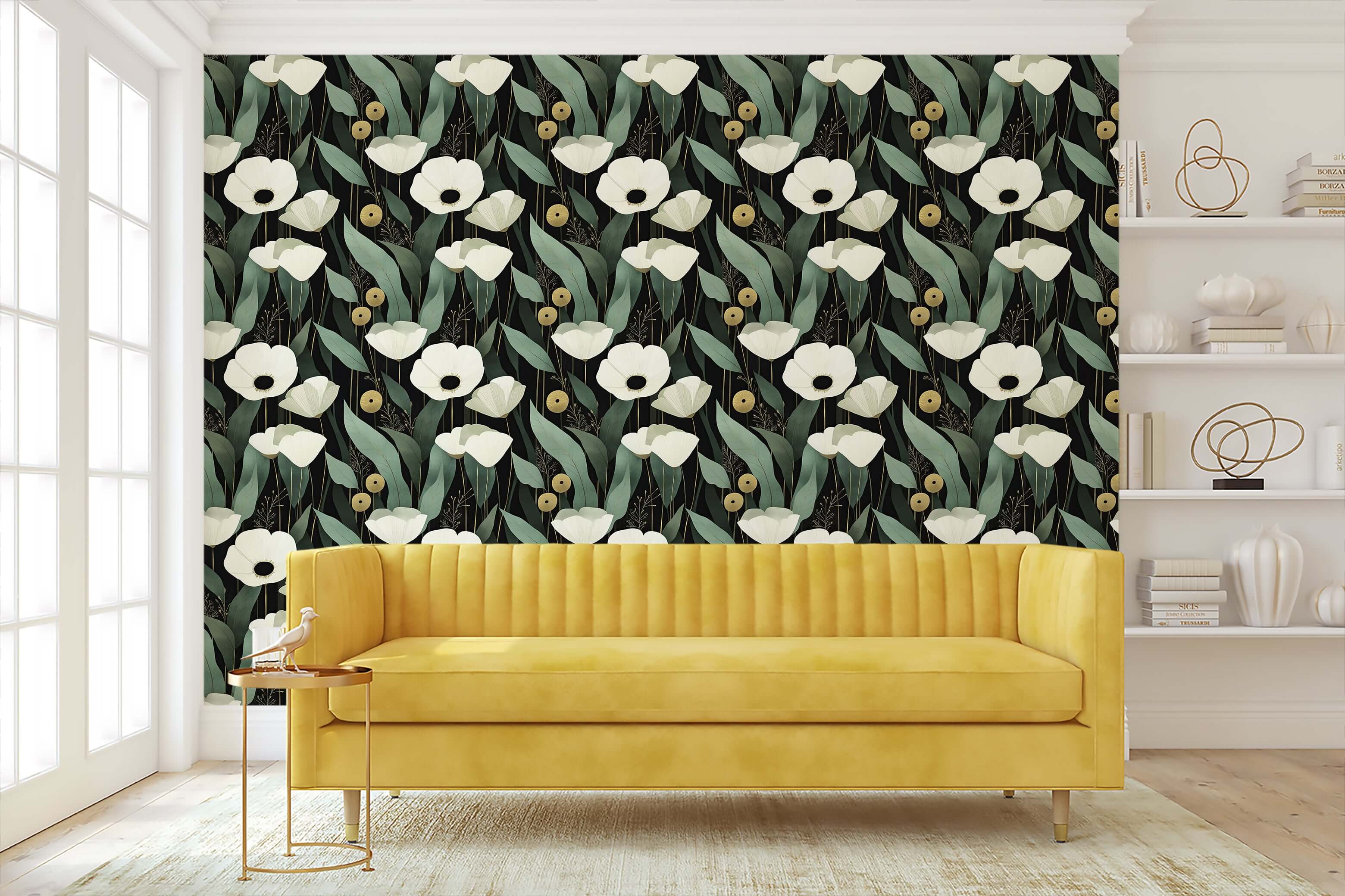 Modern Gilded Night Botanical wallpaper with white florals, sage leaves, gold accents on black background, behind yellow sofa