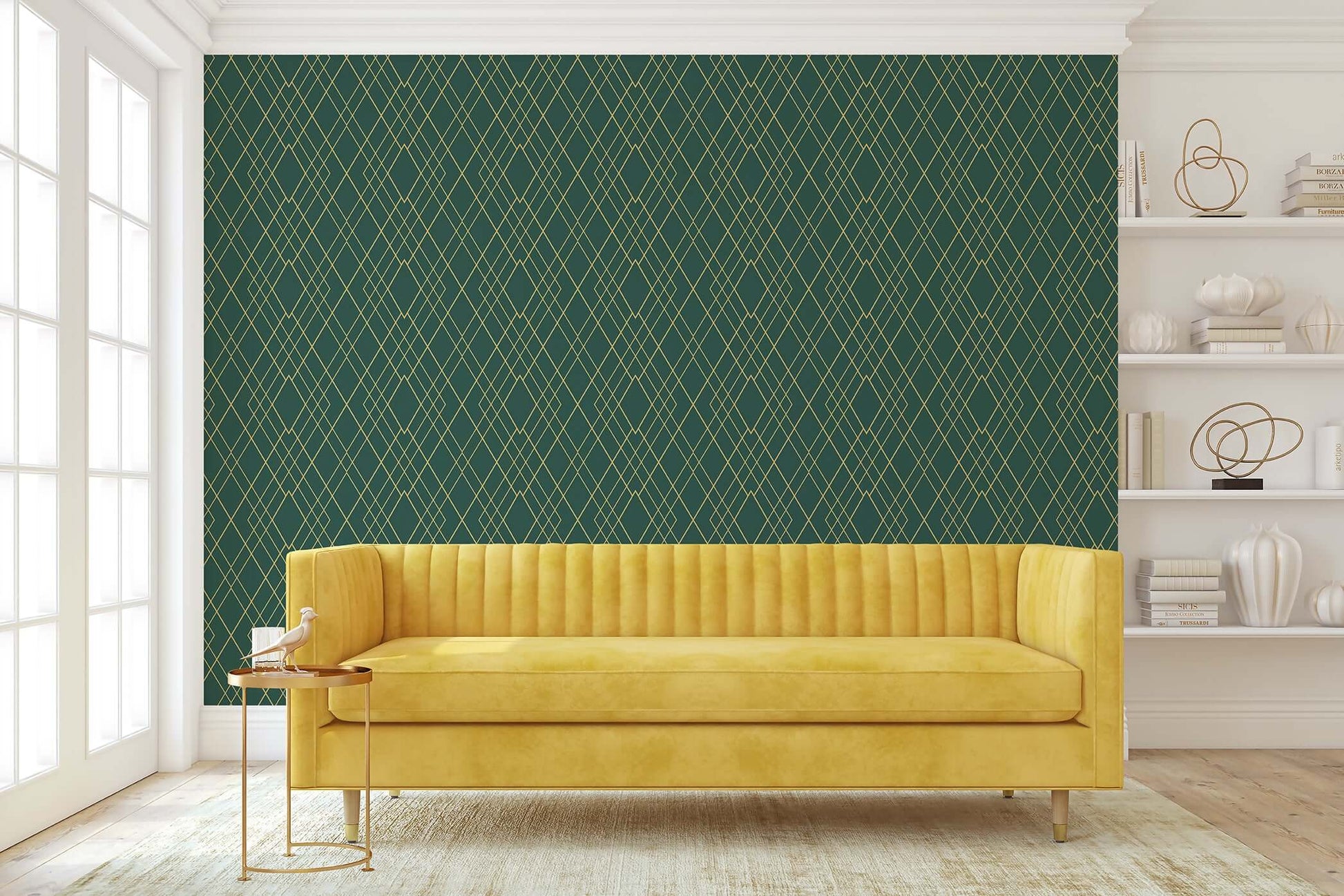 Art Deco geometric wallpaper in green and gold behind a yellow couch, creating a sophisticated and luxurious interior space.