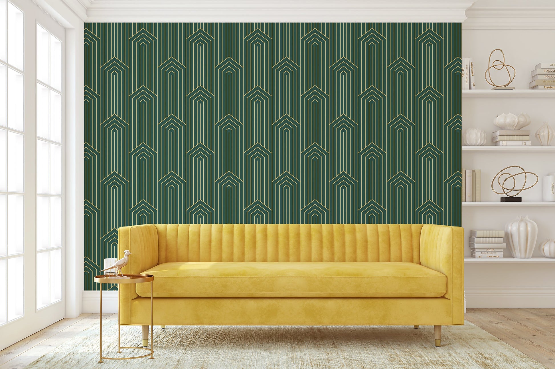 Golden Chevron Luxe Wallpaper in art deco style with gold geometric patterns on green background, enhancing modern interiors.