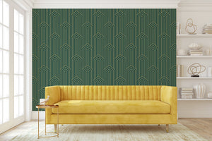 Golden Chevron Luxe Wallpaper in art deco style with gold geometric patterns on green background, enhancing modern interiors.