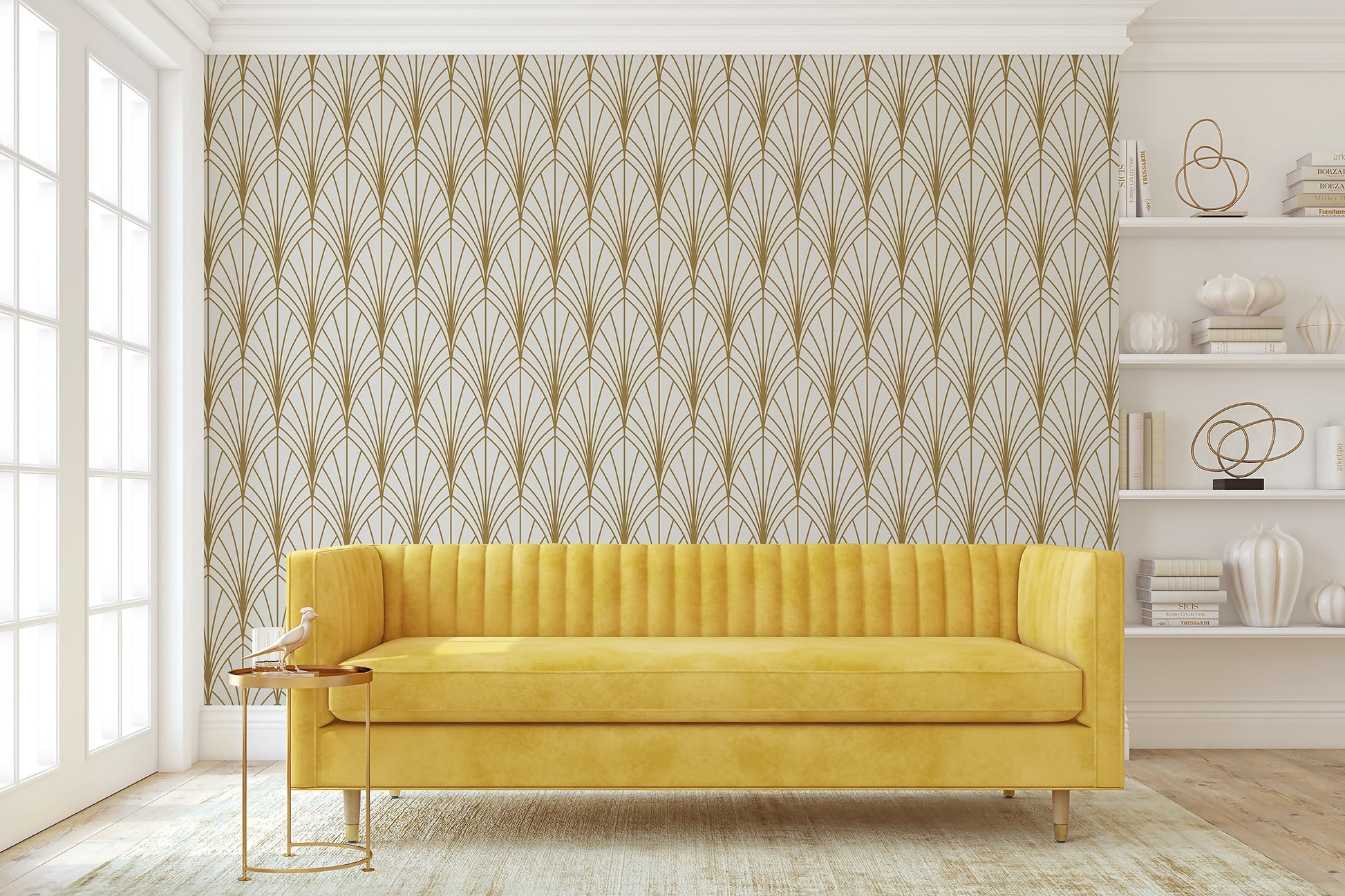 Art Deco geometric wallpaper with gold fan-shaped arches on ivory background, styled in retro living room with yellow couch and white accents.