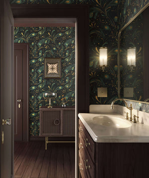 Bathroom with art deco design featuring teal and gold peacock feather wallpaper, enhancing modern aesthetics and elegance.