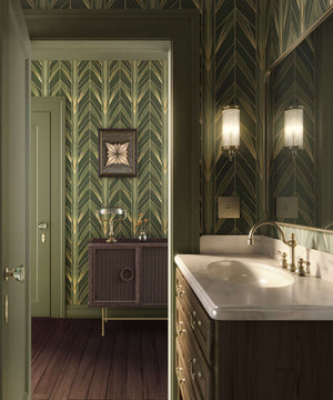 Luxurious bathroom with Golden Age Greenery art deco wallpaper featuring green botanical motifs and geometric gold details.