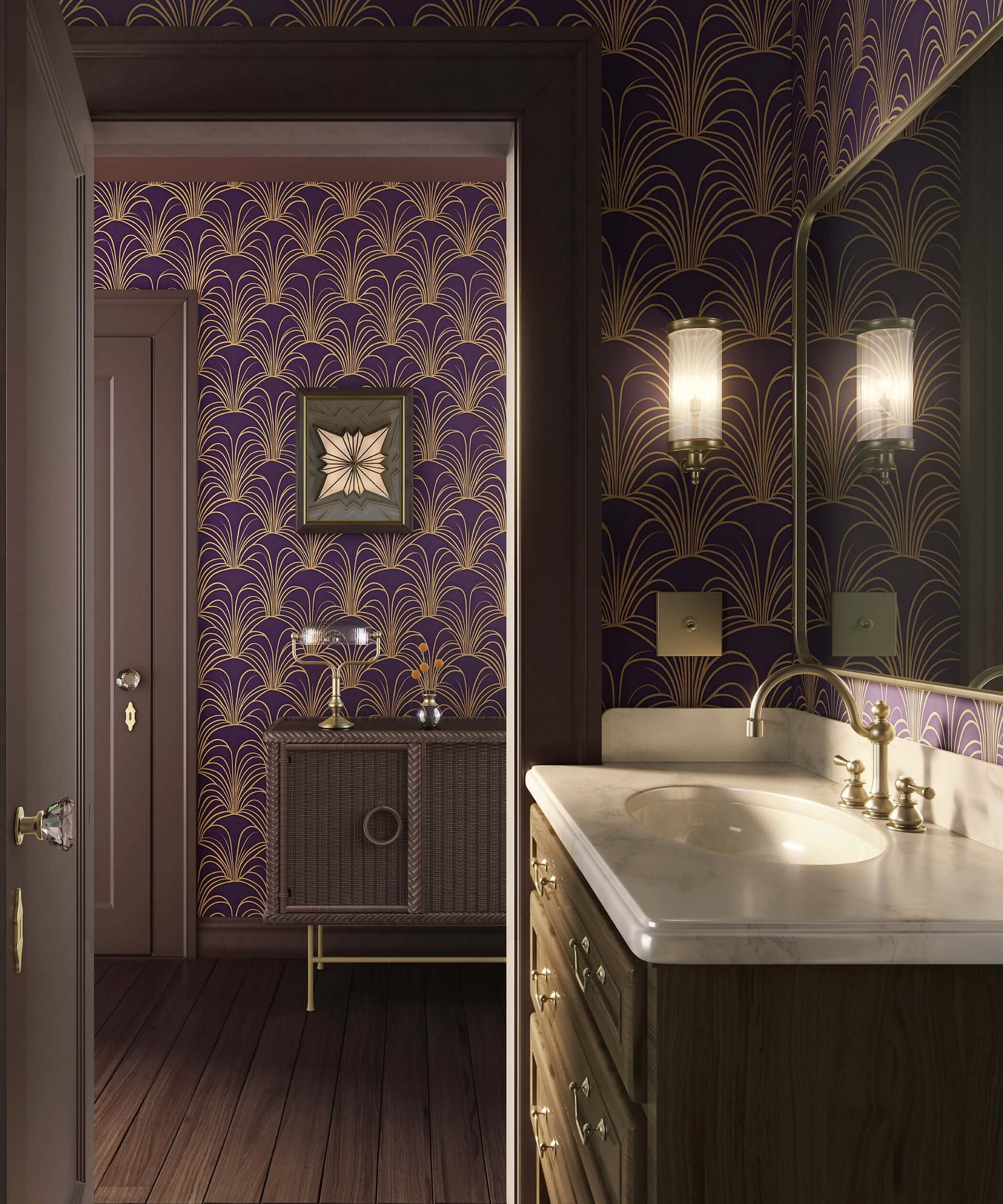 Luxurious bathroom with Opulent Arch Deco wallpaper in gold and plum, showcasing Art Deco design elements for a vintage appeal.