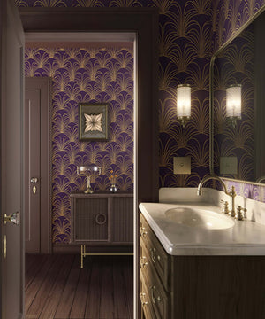 Luxurious bathroom with Opulent Arch Deco wallpaper in gold and plum, showcasing Art Deco design elements for a vintage appeal.