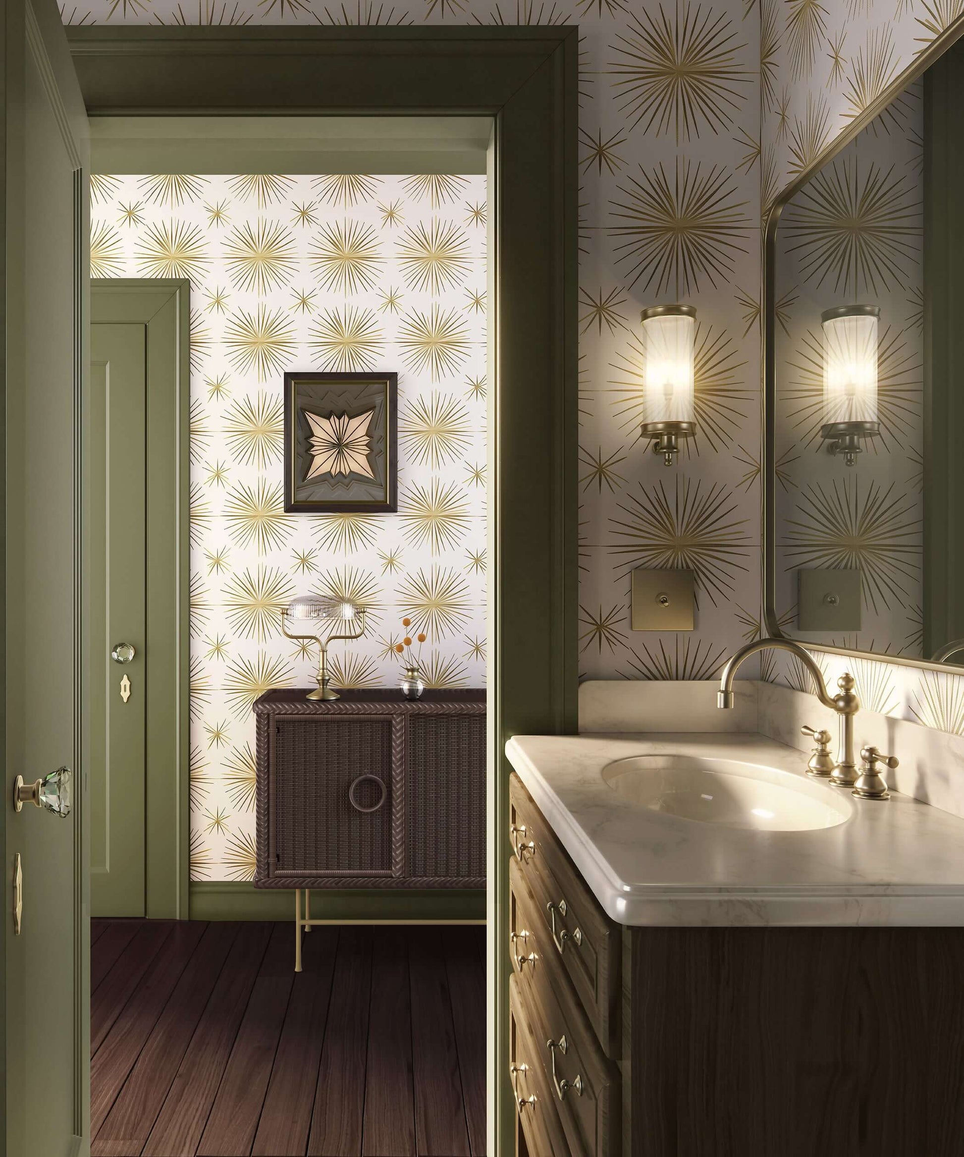 Mid-Century Modern bathroom with Retro Vintage Gold Star wallpaper and elegant fixtures