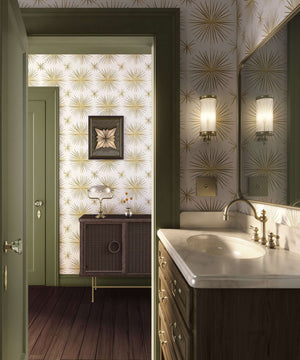Mid-Century Modern bathroom with Retro Vintage Gold Star wallpaper and elegant fixtures