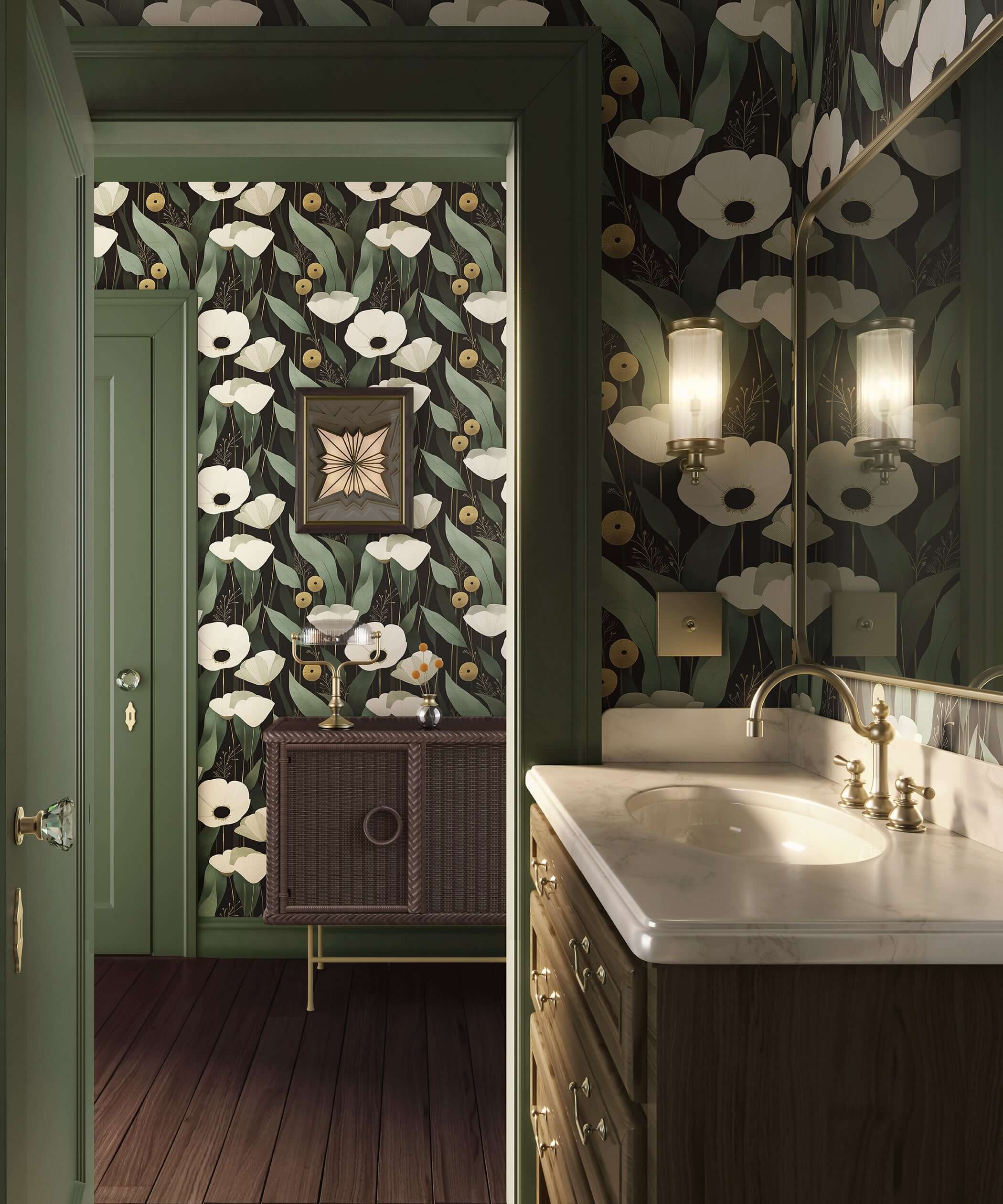 Bathroom featuring Gilded Night Botanicals wallpaper with bold white flowers, sage leaves, and a black background for a modern look.