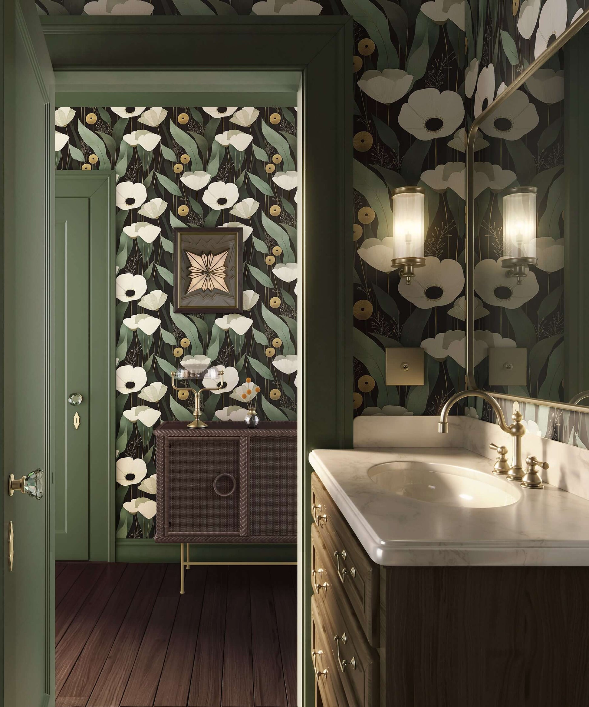 Bathroom featuring Gilded Night Botanicals wallpaper with bold white flowers, sage leaves, and a black background for a modern look.