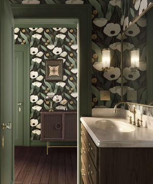 Bathroom featuring Gilded Night Botanicals wallpaper with bold white flowers, sage leaves, and a black background for a modern look.