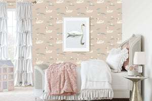 Dreamy Swan Lake wallpaper featuring elegant swans on taupe waters with lily pads, ideal for mid-century modern spaces.