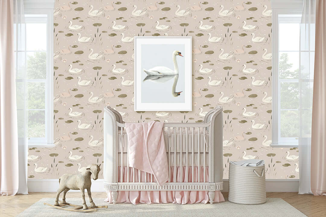 Nursery with Swan Serenade wallpaper featuring swans on a pond, mid-century modern design. Ideal for tranquil home décor.