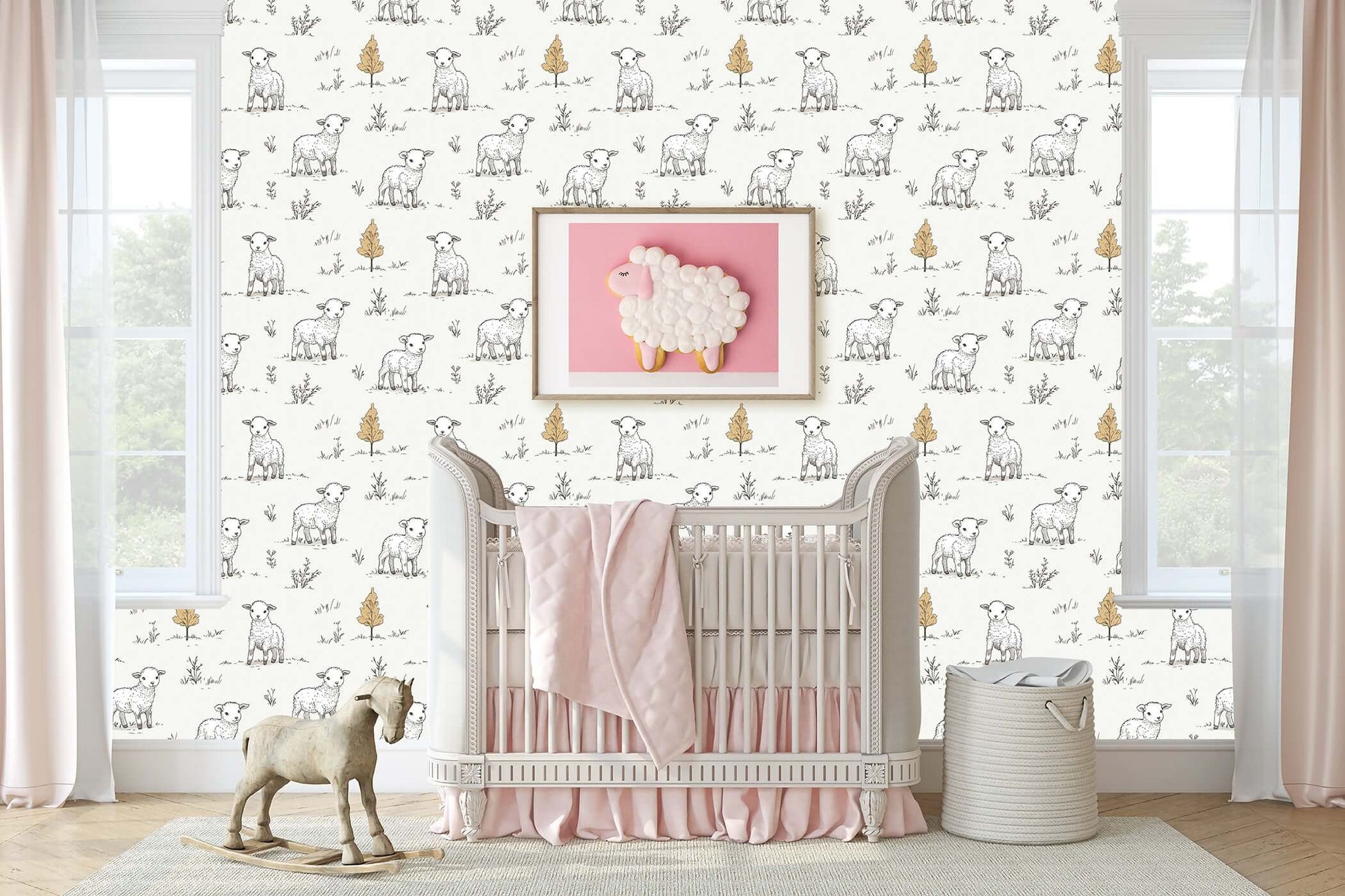 Pastoral nursery with Little Lamb Pastures wallpaper featuring hand-drawn lambs, perfect for a whimsical baby or children's room decor.