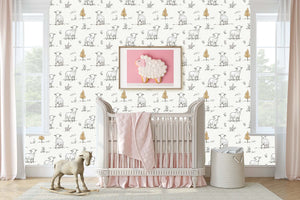 Pastoral nursery with Little Lamb Pastures wallpaper featuring hand-drawn lambs, perfect for a whimsical baby or children's room decor.