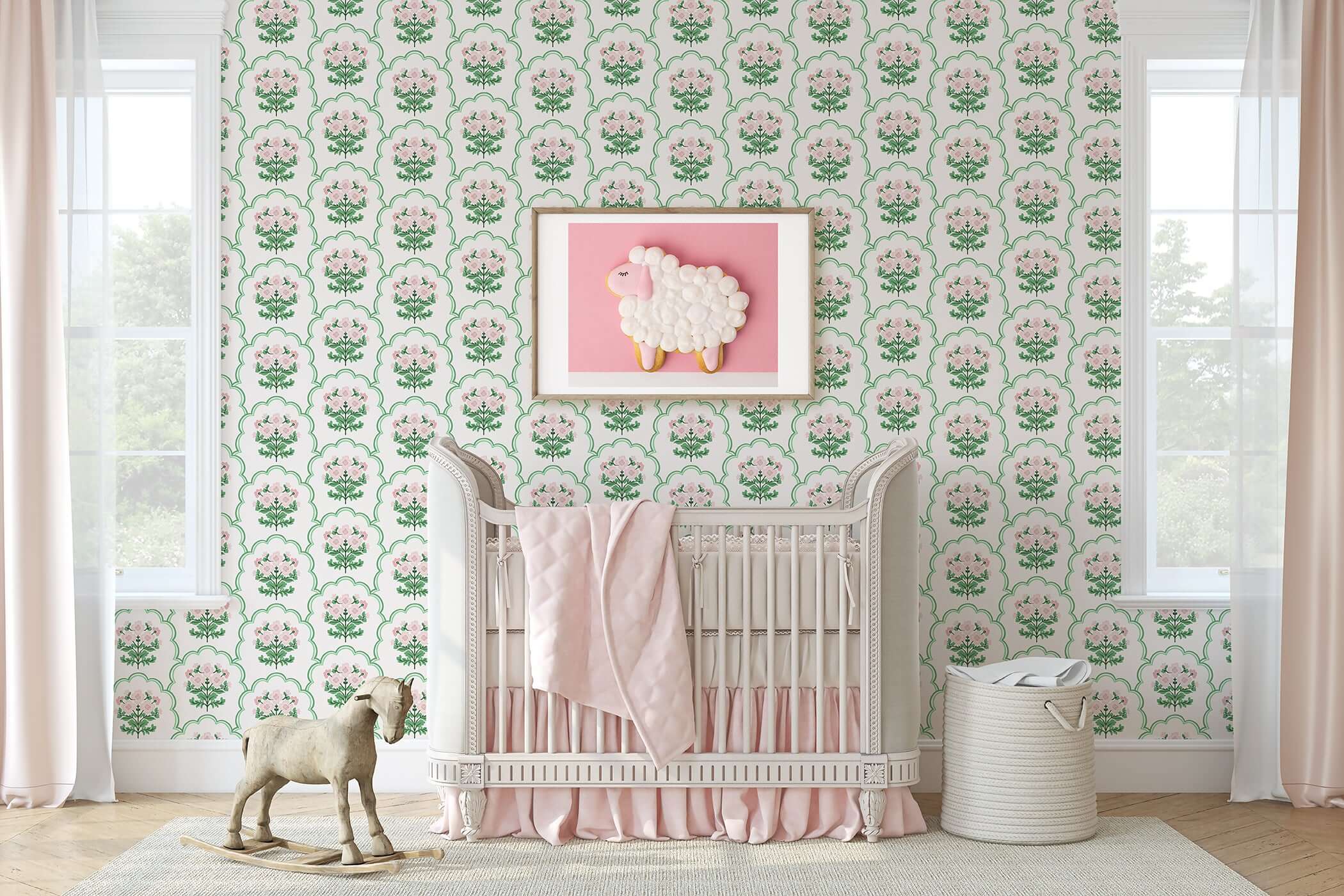 Preppy Pink Garden Lattice Wallpaper with soft pink florals and green scallops, perfect for a modern nursery or playful child's room.