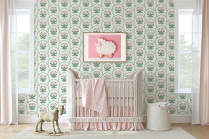 Preppy Pink Garden Lattice Wallpaper with soft pink florals and green scallops, perfect for a modern nursery or playful child's room.
