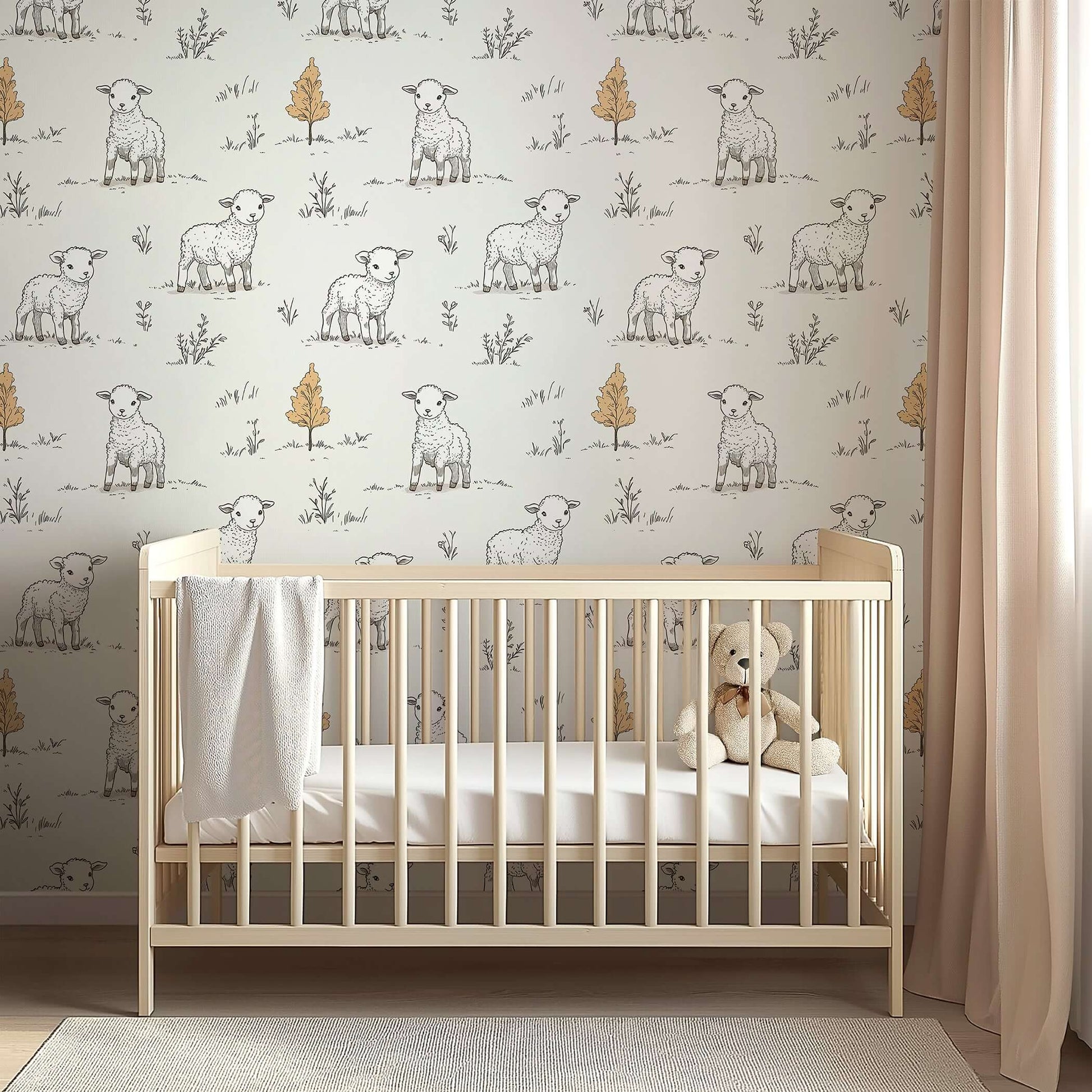 Cozy nursery with Little Lamb Pastures wallpaper featuring hand-drawn lambs, perfect for a baby or children’s playroom.