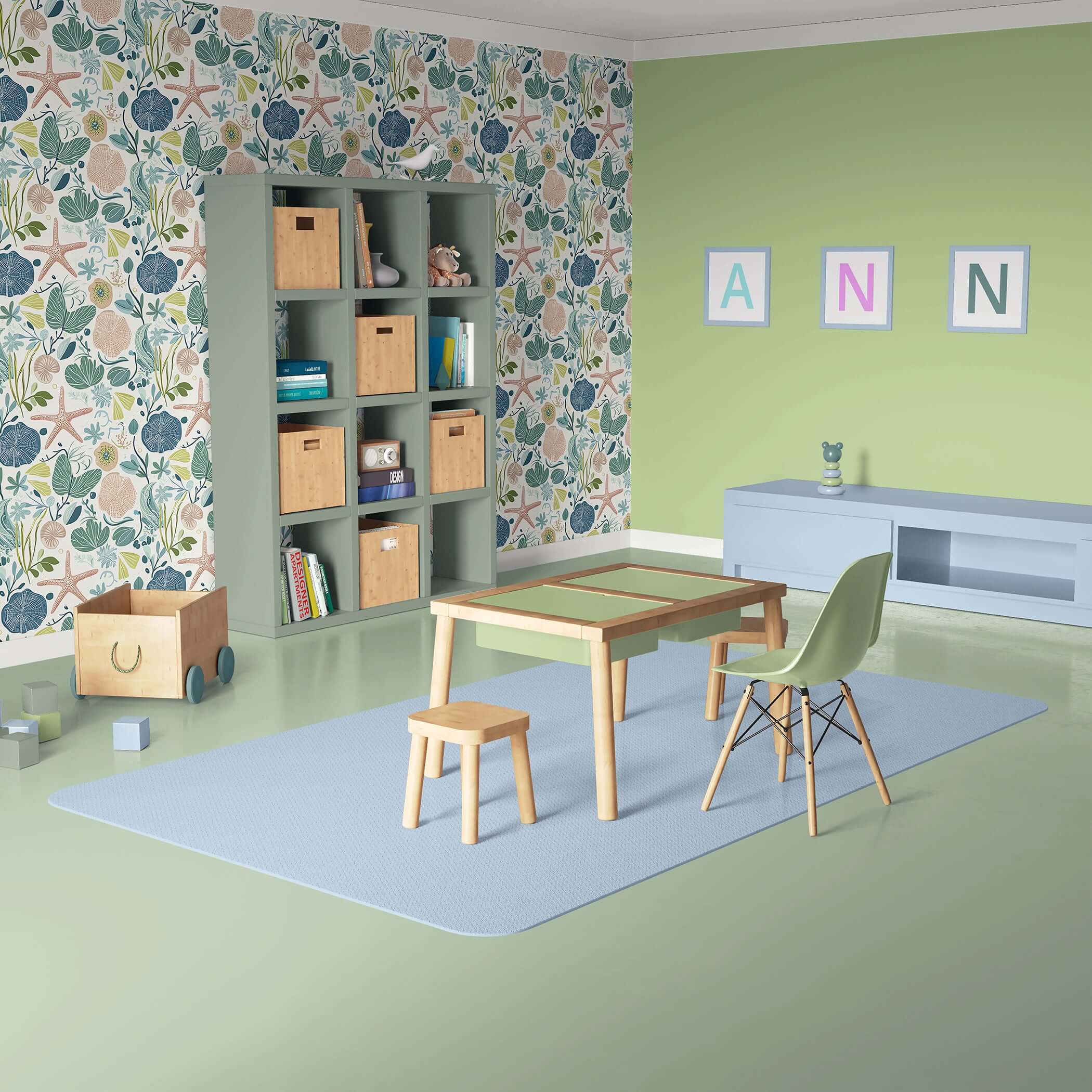 Modern room with Tidepool Treasures wallpaper featuring ocean-inspired starfish, seashells, and seaweed in calming coastal colors.