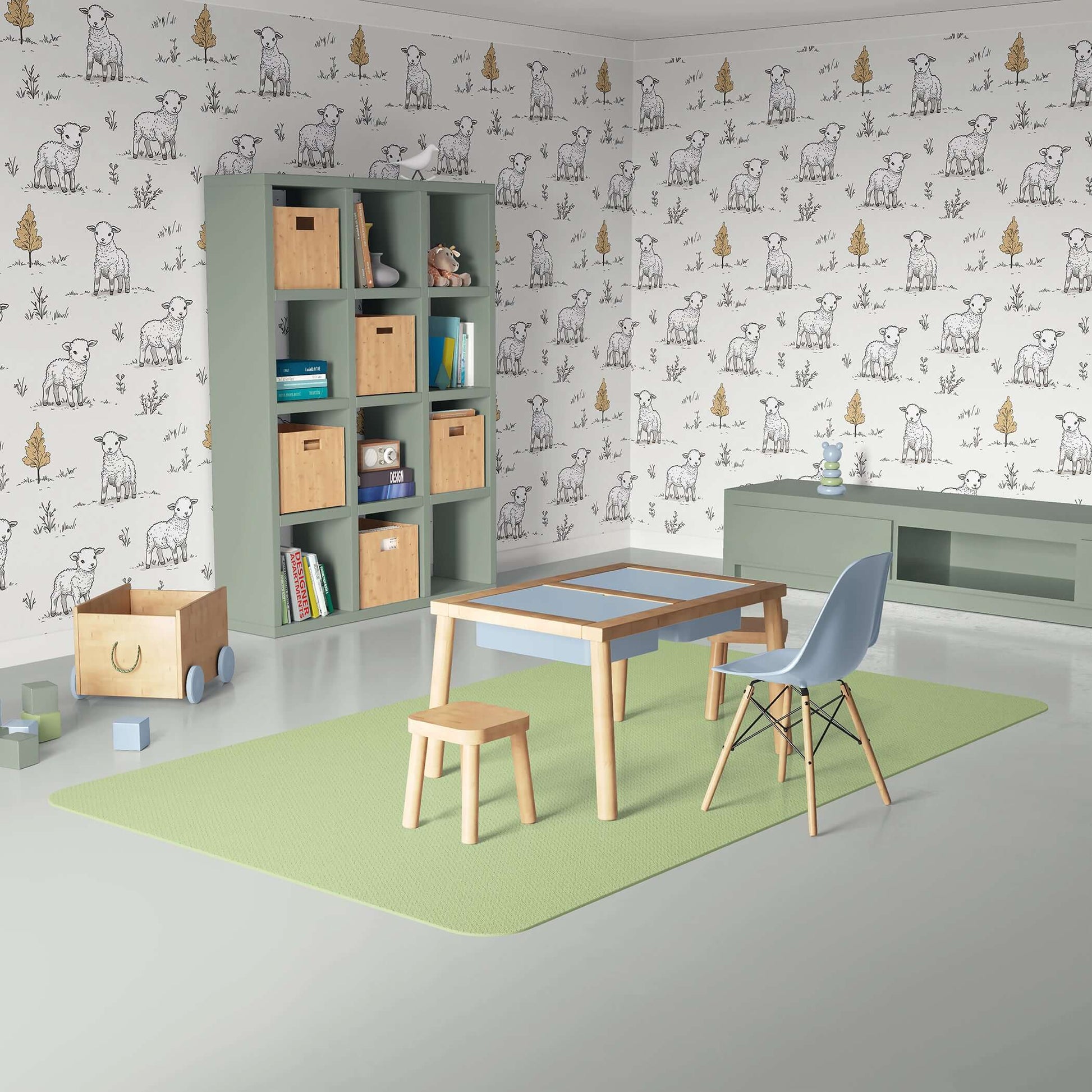 Cozy playroom with Little Lamb Pastures wallpaper, featuring hand-drawn lambs, perfect for children's modern decor and nursery charm.