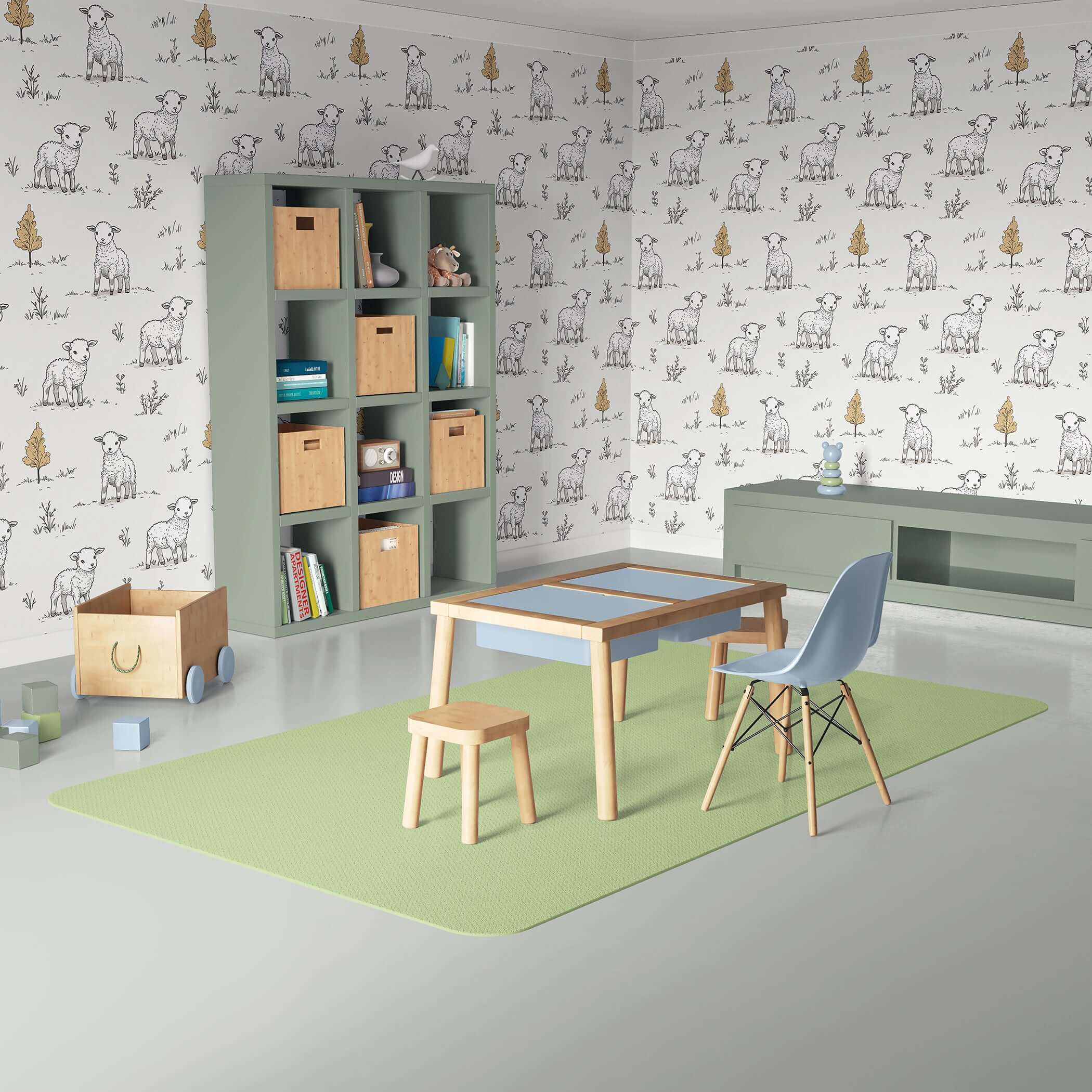 Cozy playroom with Little Lamb Pastures wallpaper, featuring hand-drawn lambs, perfect for children's modern decor and nursery charm.