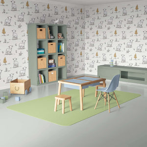 Cozy playroom with Little Lamb Pastures wallpaper, featuring hand-drawn lambs, perfect for children's modern decor and nursery charm.