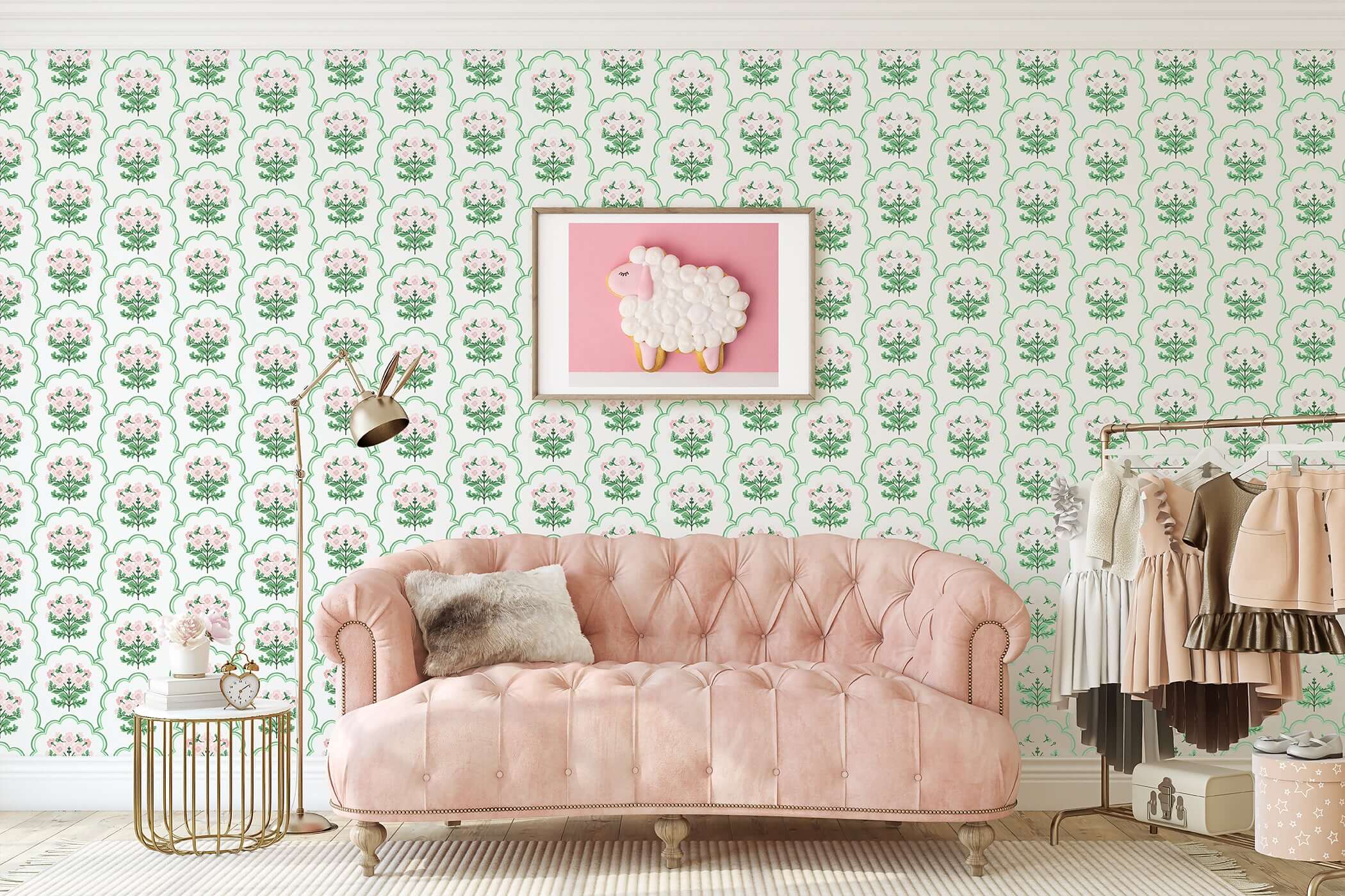 Preppy Pink Garden Lattice Wallpaper with florals and scallops adorning a nursery room with a pink sofa and charming decor.