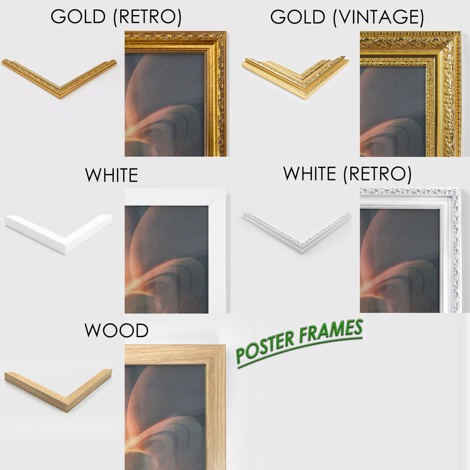 Variety of poster frames including gold, white, and wood finishes for displaying art.
