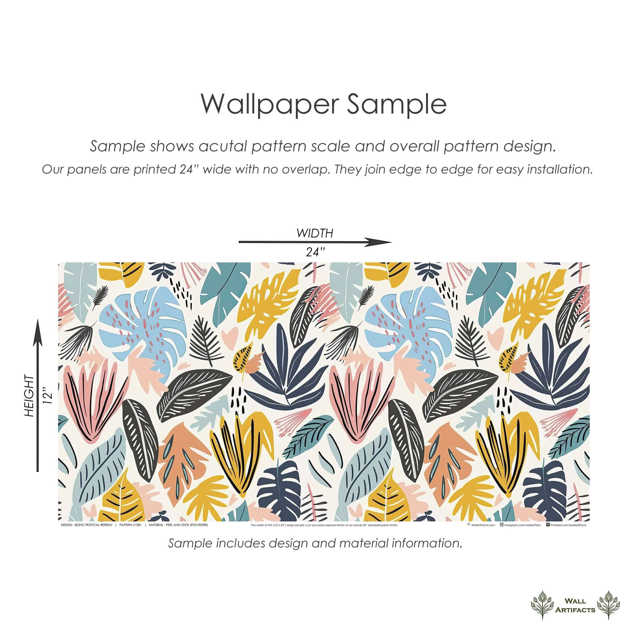 Boho Tropical Retreat wallpaper sample with tropical leaves and coastal bohemian design in teal, coral, mustard, and navy tones.