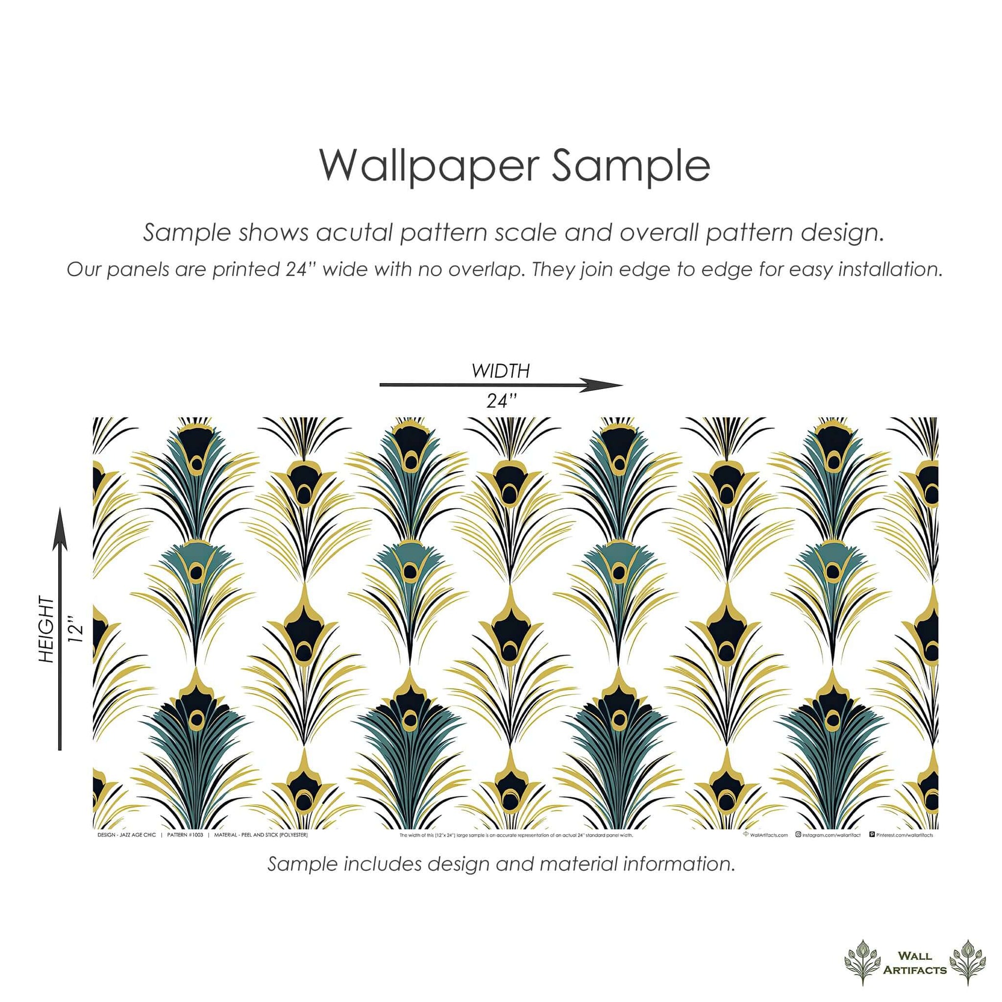 Art Deco wallpaper sample featuring peacock feather pattern in teal, gold, and black, ideal for Roaring Twenties inspired decor.