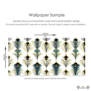 Art Deco wallpaper sample featuring peacock feather pattern in teal, gold, and black, ideal for Roaring Twenties inspired decor.