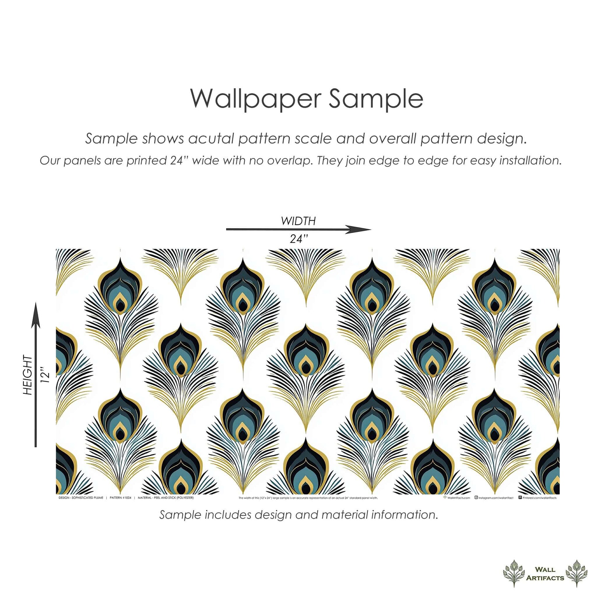 Art deco wallpaper sample featuring teal, gold, and black peacock feathers, perfect for luxurious room decor. Vibrant and elegant design.