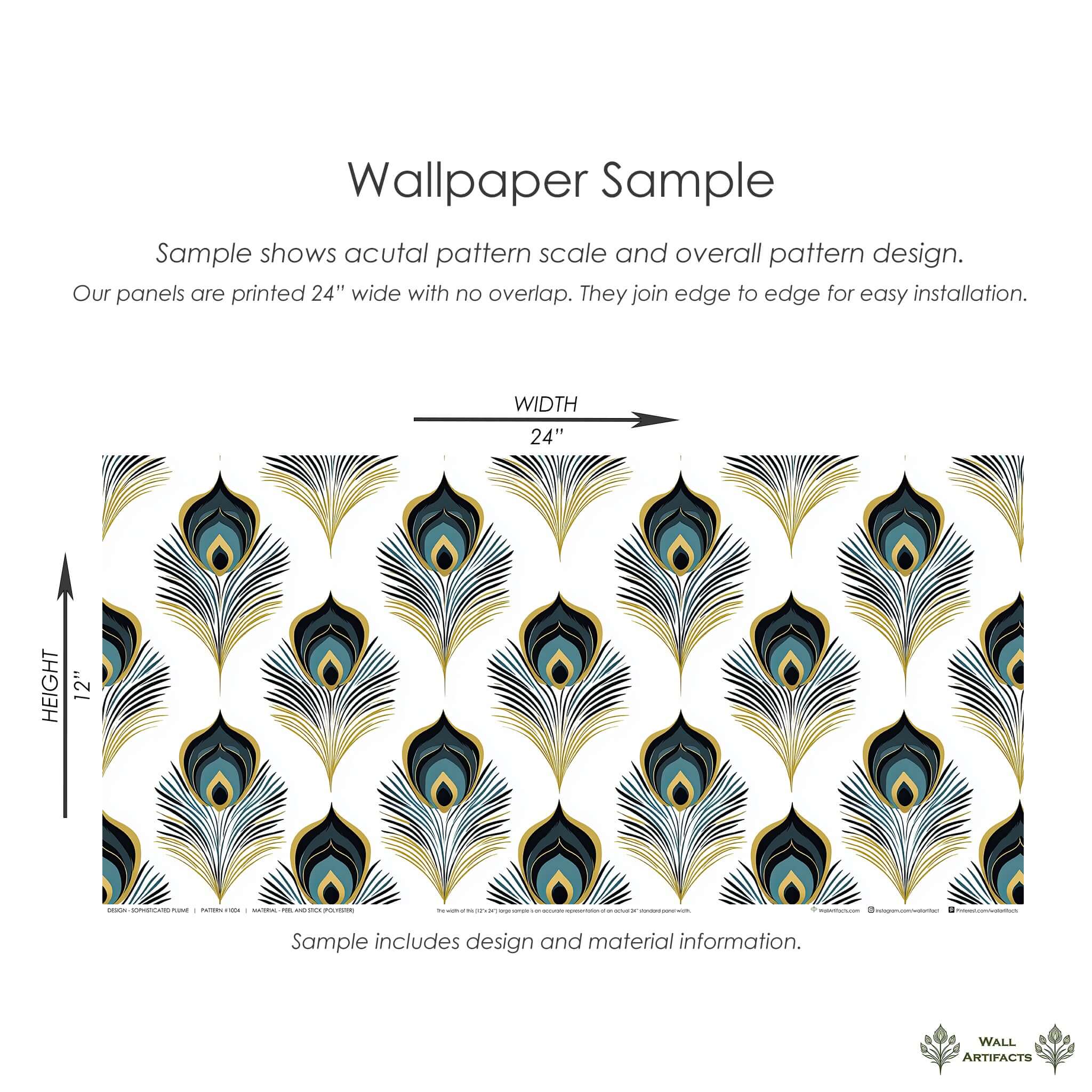 Art deco wallpaper sample featuring teal, gold, and black peacock feathers, perfect for luxurious room decor. Vibrant and elegant design.