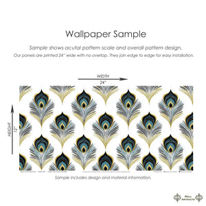 Art deco wallpaper sample featuring teal, gold, and black peacock feathers, perfect for luxurious room decor. Vibrant and elegant design.