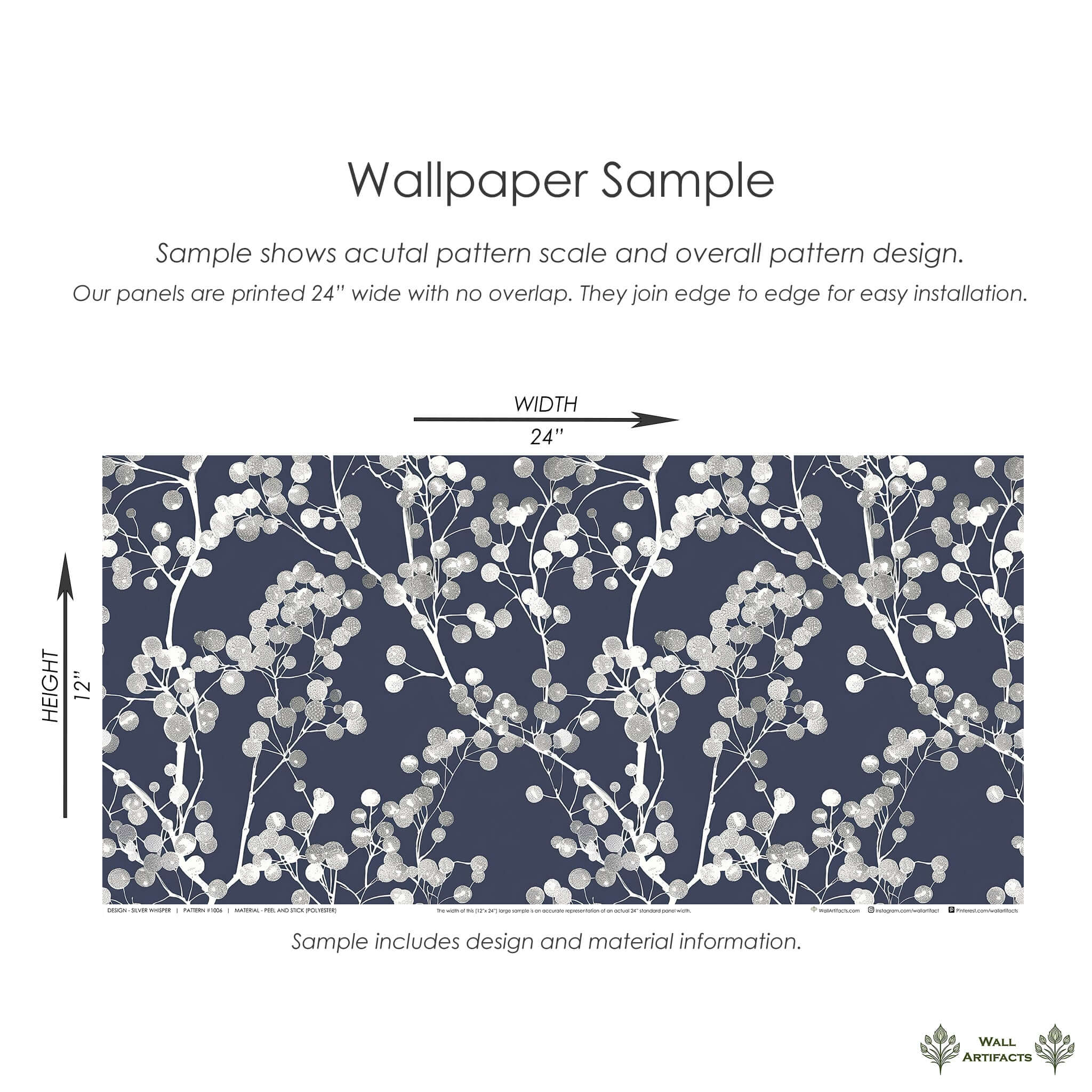 Silver Whisper Wallpaper: silver branches on navy background, showcasing modern, contemporary design for elegant interiors.