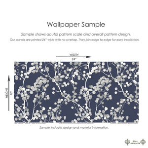 Silver Whisper Wallpaper: silver branches on navy background, showcasing modern, contemporary design for elegant interiors.