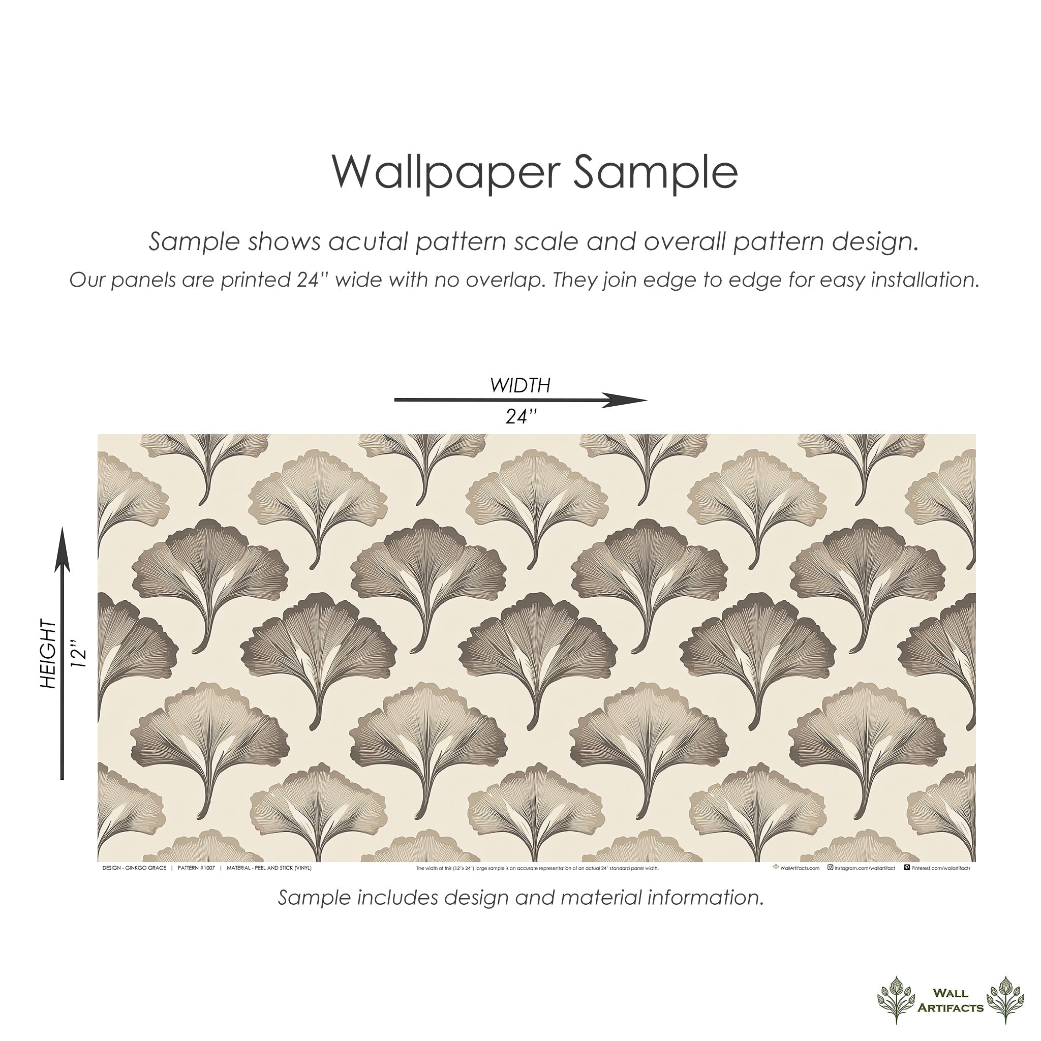 Sample of Ginkgo Grace wallpaper with art deco floral design in brown tones showcasing ginkgo flowers, ideal for interior decor.
