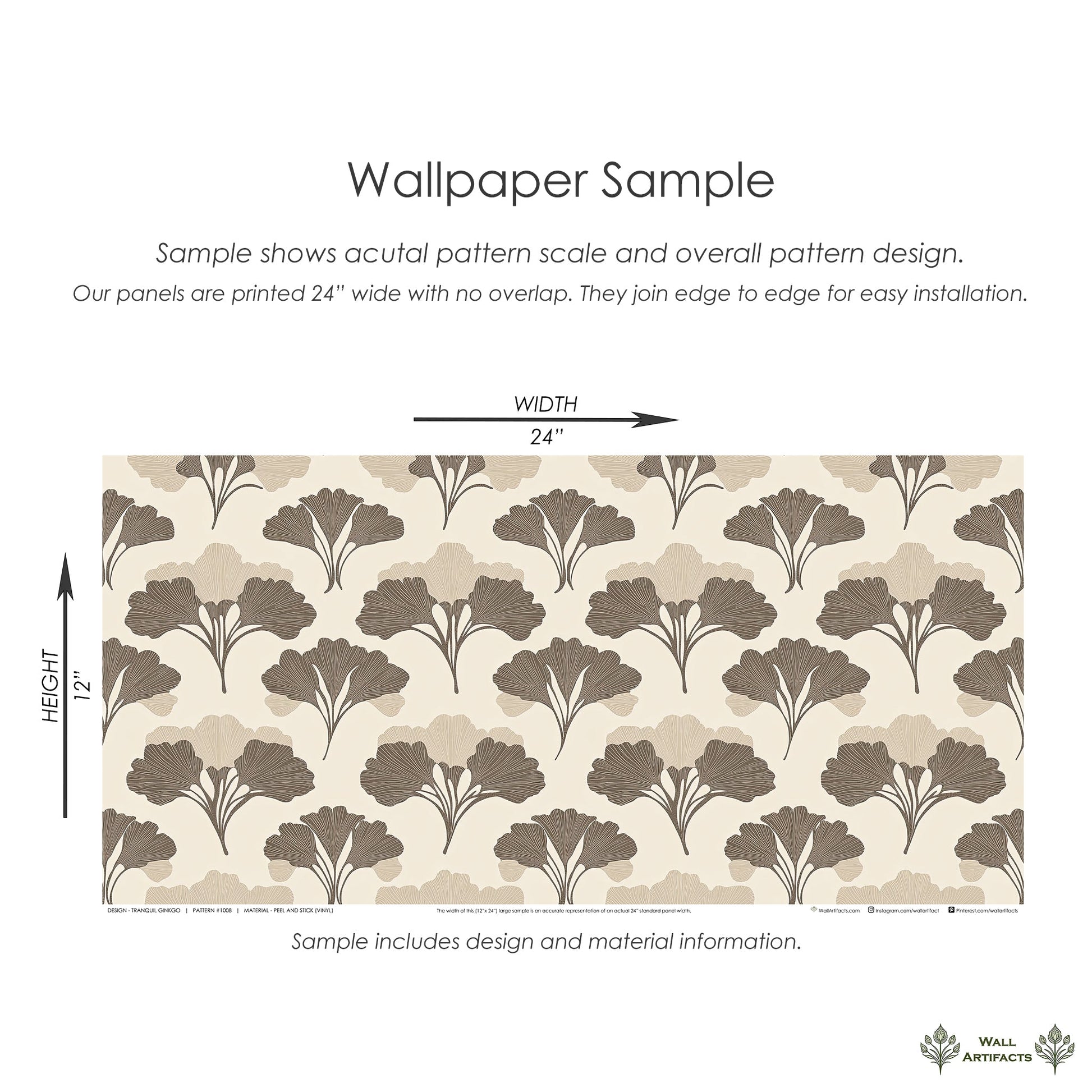 Ginkgo leaves art deco wallpaper sample with floral patterns, showcasing brown tones on 24x12 panels for elegant home decor.