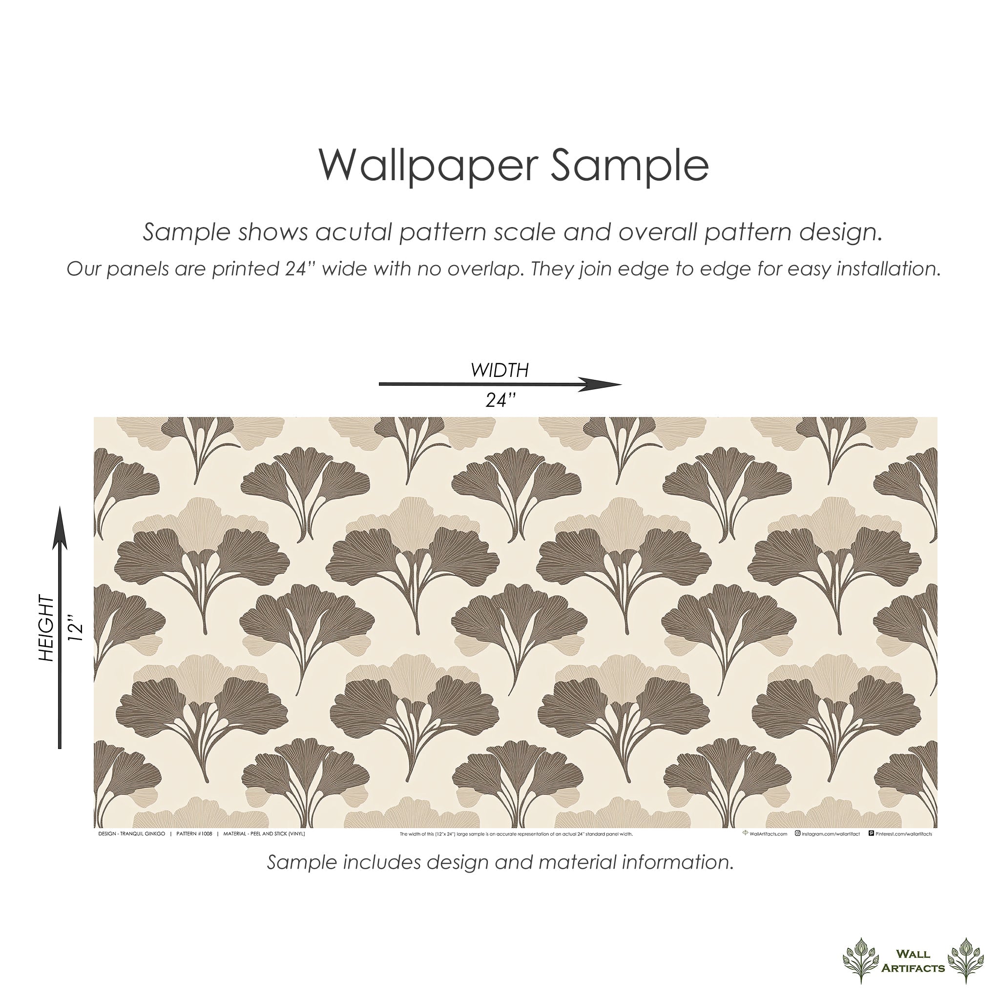 Ginkgo leaves art deco wallpaper sample with floral patterns, showcasing brown tones on 24x12 panels for elegant home decor.