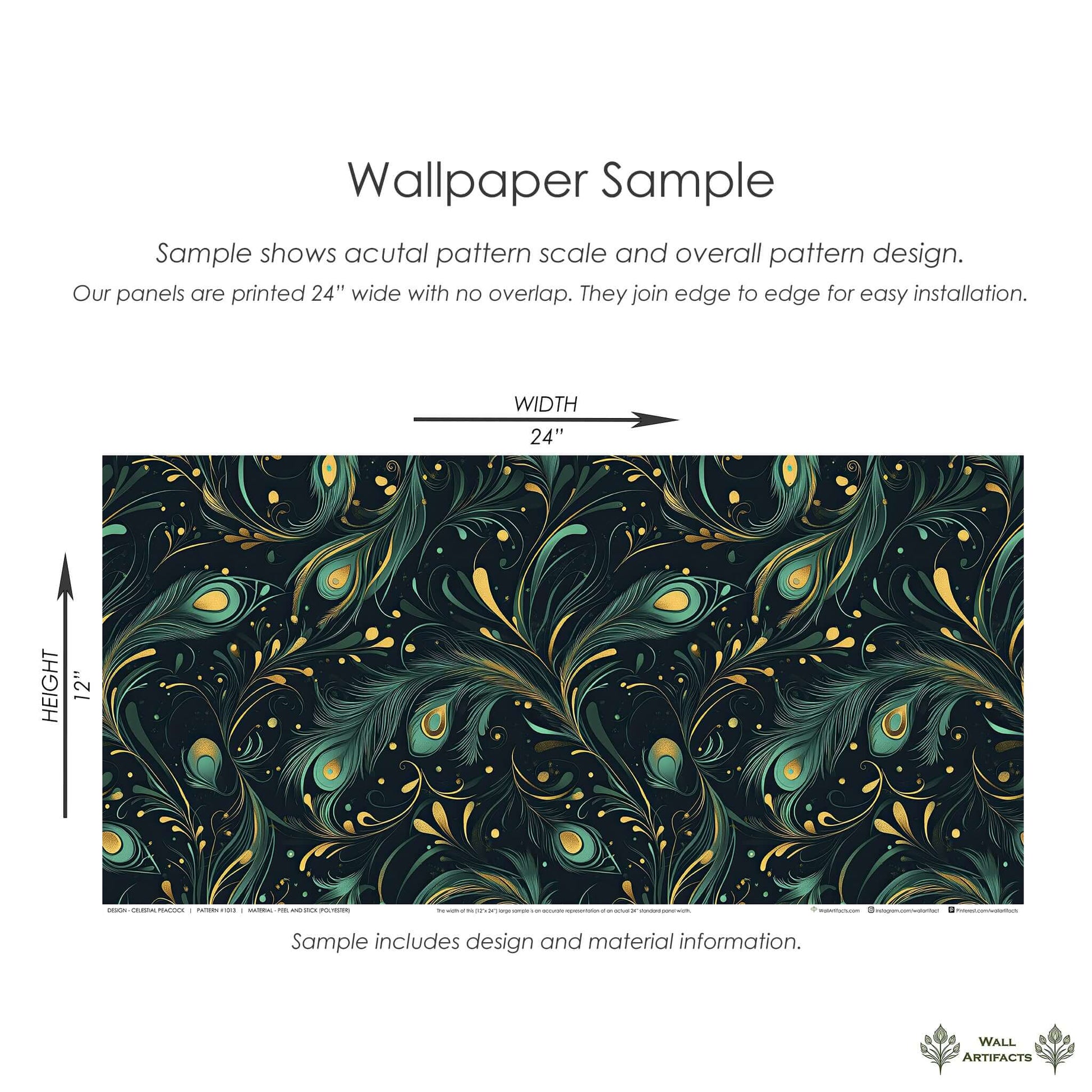 Celestial Peacock wallpaper sample with teal and gold peacock feathers, showcasing art deco and modern design for elegant interiors.