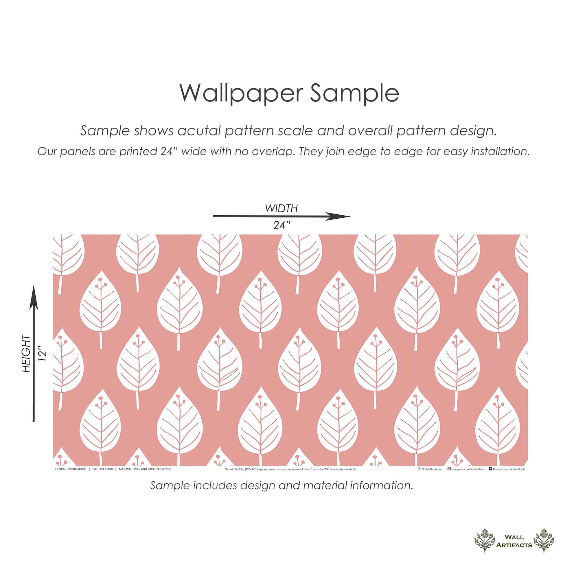 Spring Blush botanical wallpaper with white leaves on blush-pink background, perfect for nurseries and playrooms. Modern abstract design.