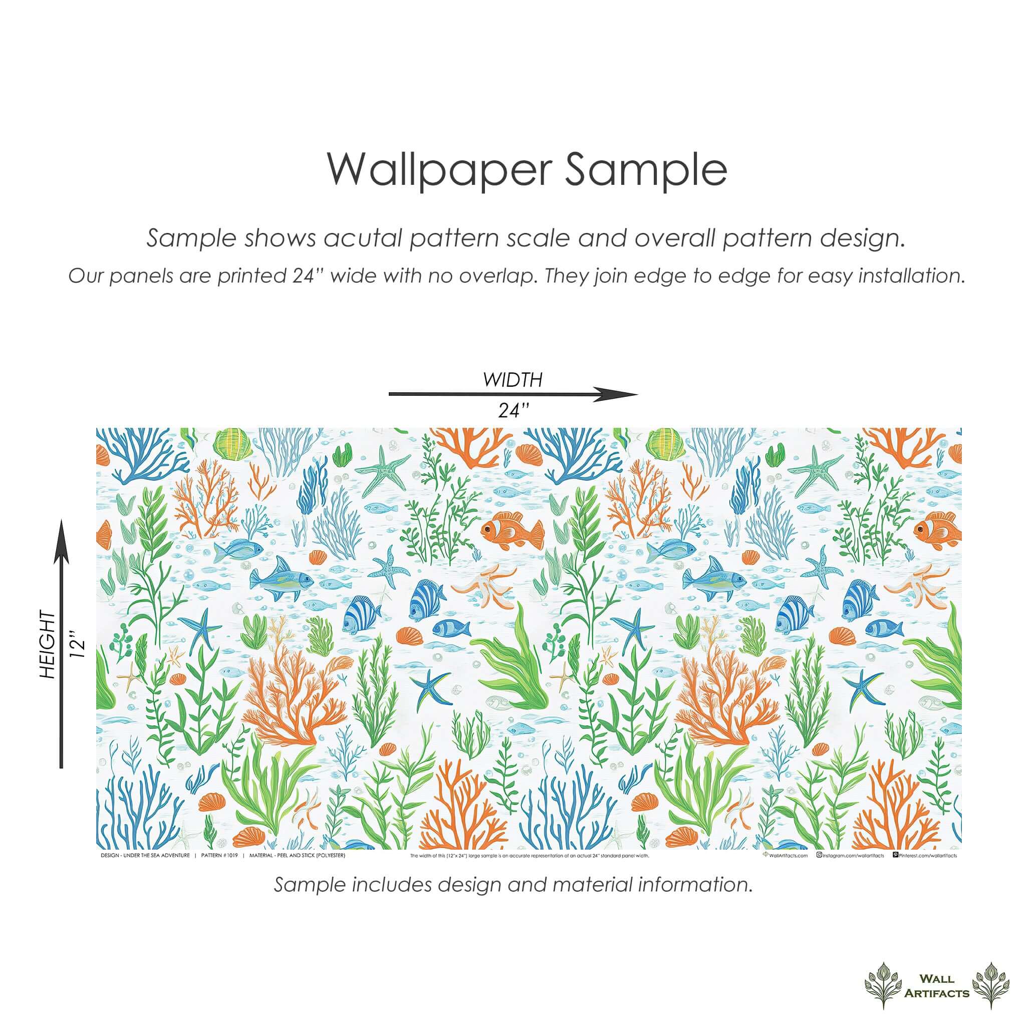 Under the Sea Adventure wallpaper sample with ocean fish, coral, and seaweed design ideal for coastal nursery playroom decor.