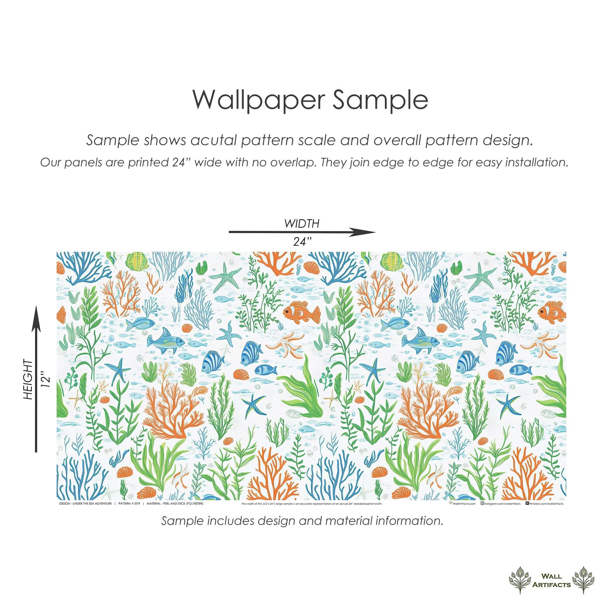 Under the Sea Adventure wallpaper sample with ocean fish, coral, and seaweed design ideal for coastal nursery playroom decor.