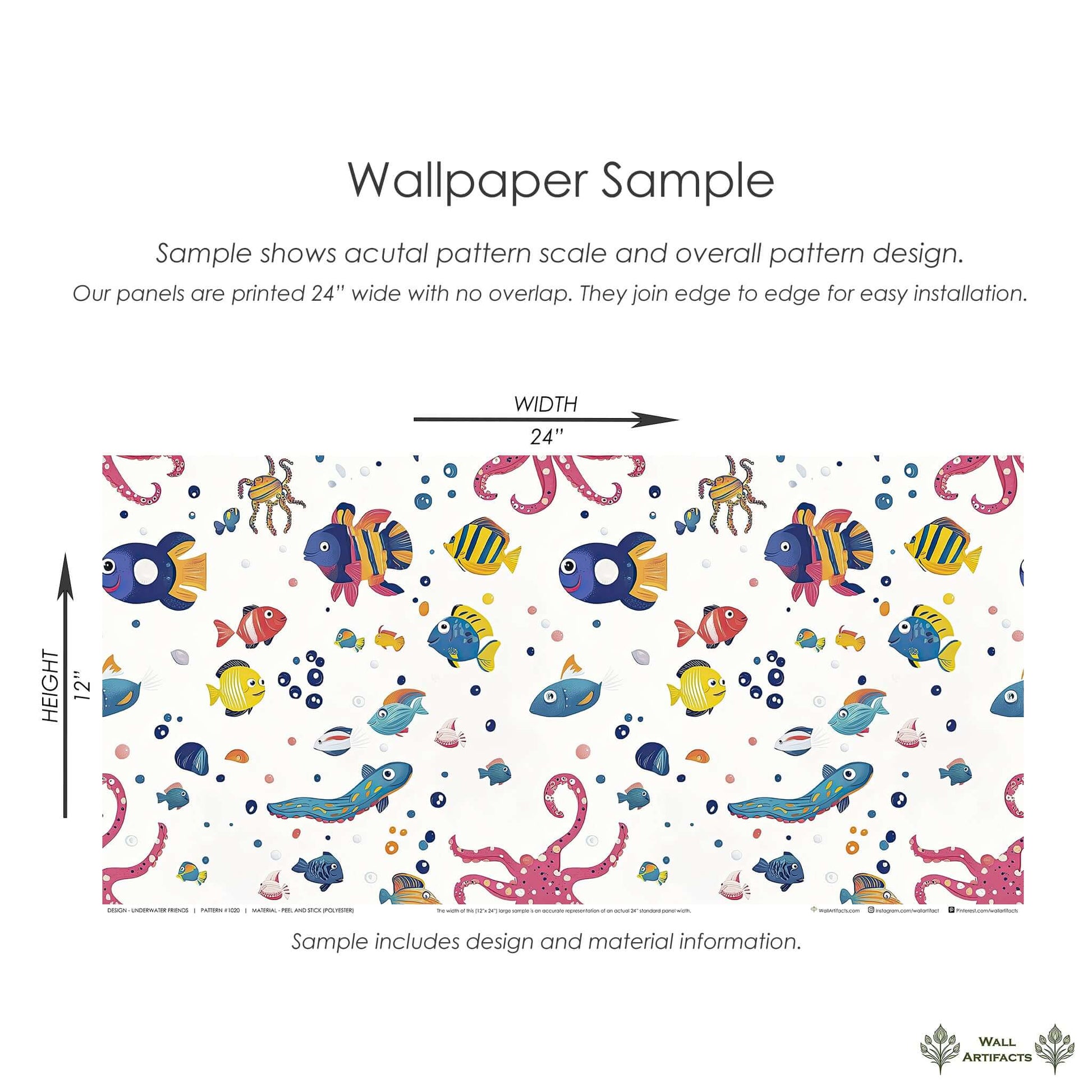 Vibrant ocean-themed wallpaper with colorful fish, octopus, and sea animals for children's nursery or coastal playroom.