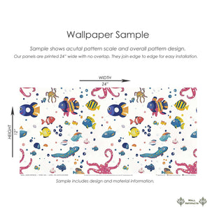 Vibrant ocean-themed wallpaper with colorful fish, octopus, and sea animals for children's nursery or coastal playroom.