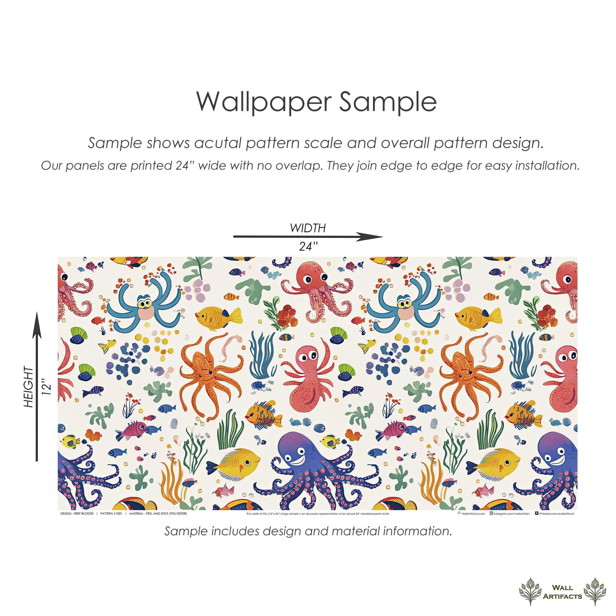 Colorful ocean-themed wallpaper sample featuring playful octopus and fish, perfect for children’s nursery or coastal playroom decor.