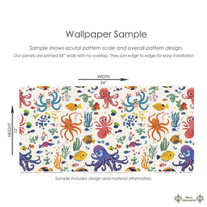 Colorful ocean-themed wallpaper sample featuring playful octopus and fish, perfect for children’s nursery or coastal playroom decor.
