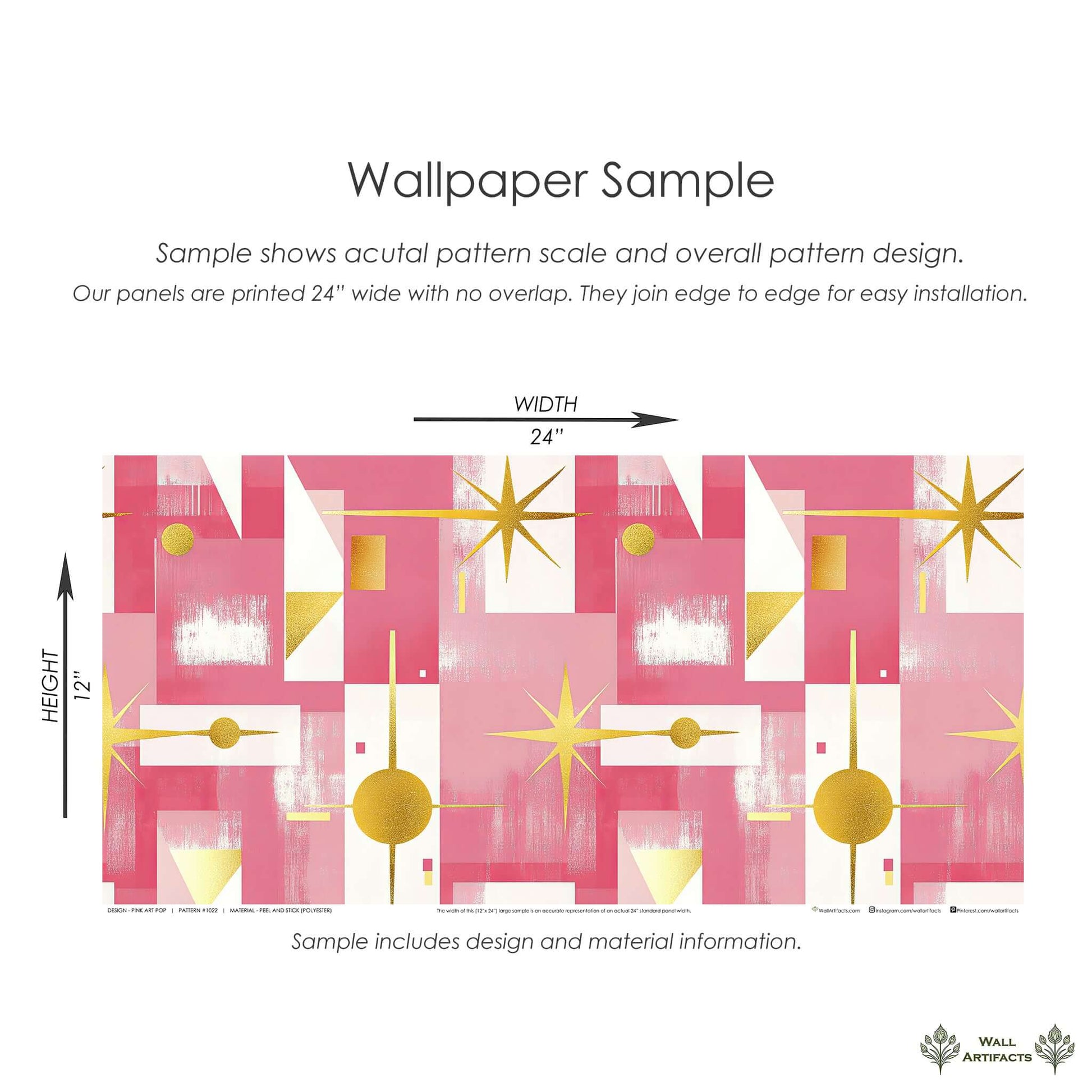 Pink Pop Art Wallpaper sample with mid-century modern design, featuring geometric shapes and gold accents, perfect for a child's playroom.
