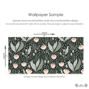 Secret Garden wallpaper sample featuring pink flowers, emerald leaves, perfect for cottagecore, nurseries, or playrooms.